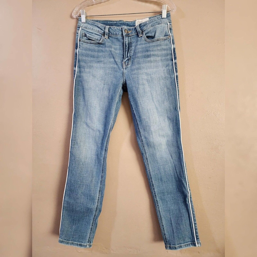 Cosmic Blue Love Womens Skinny Jeans Size 28 Blue White Striped Mid Rise Stretch